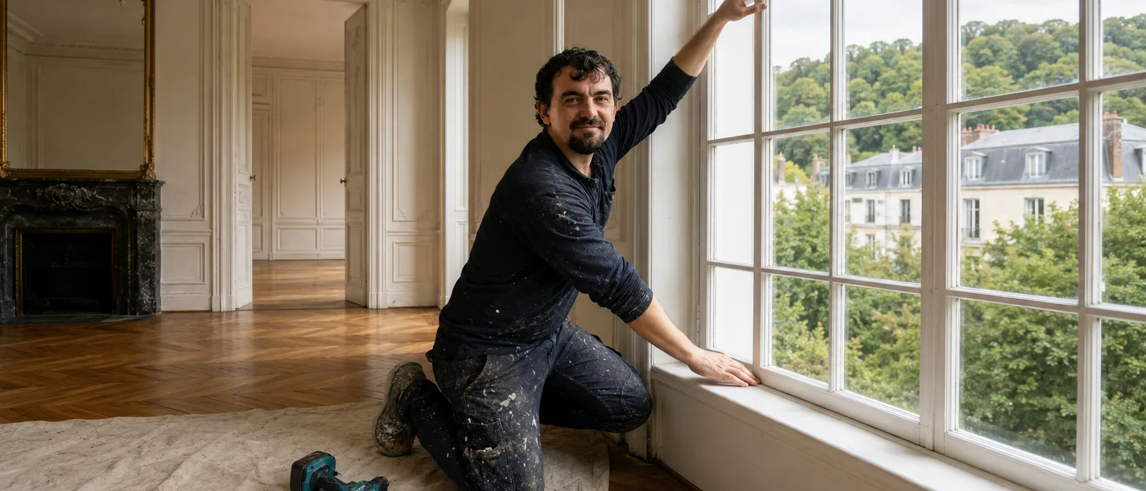 Handwerker prüft ein Sprossenfenster im Altbau