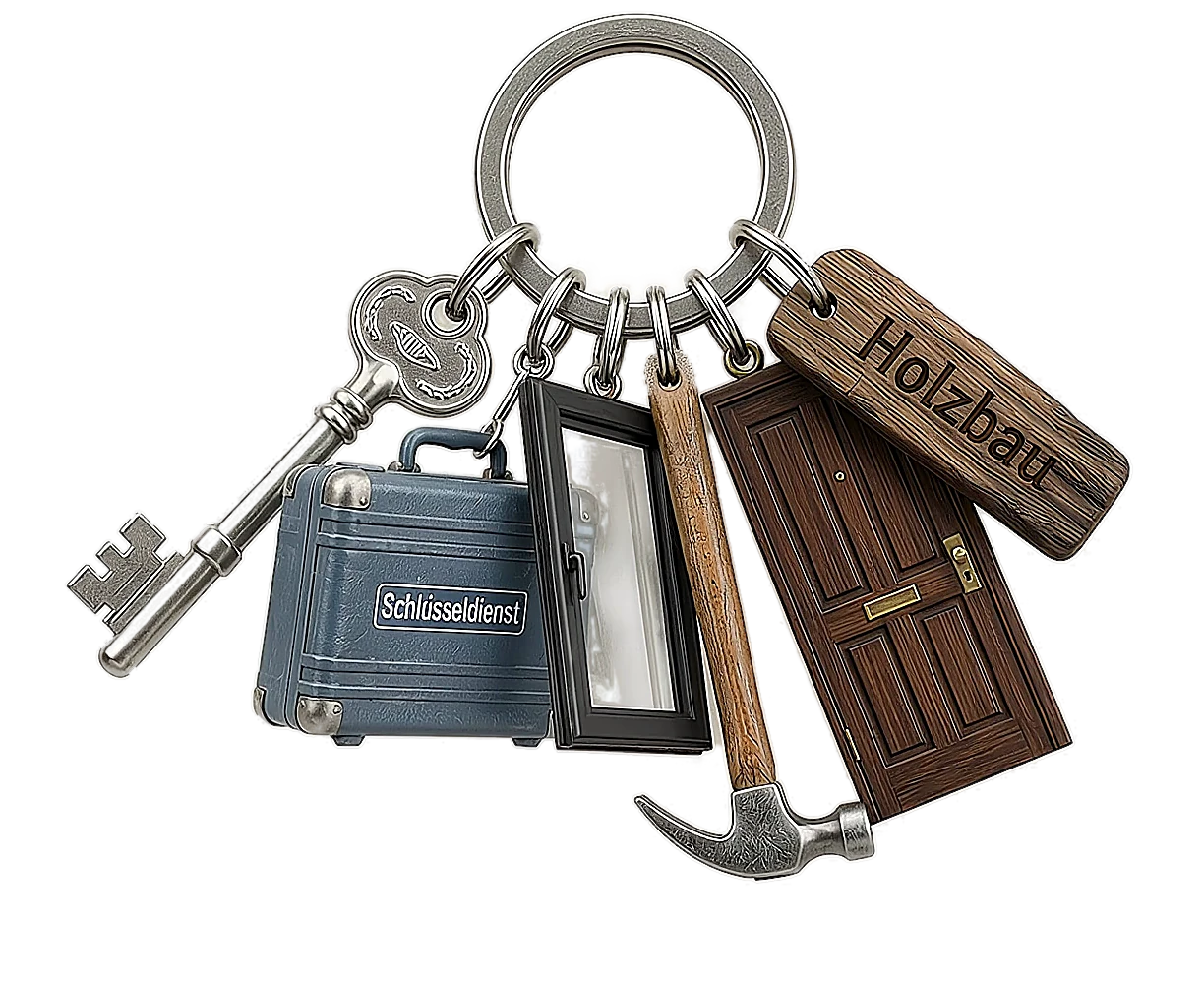 Schlüsselbund mit Miniaturen von Hammer, Tür, Fenster und Schlüssel als Sinnbild für Holzarbeiten, Glasarbeiten und Schlüsseldienst